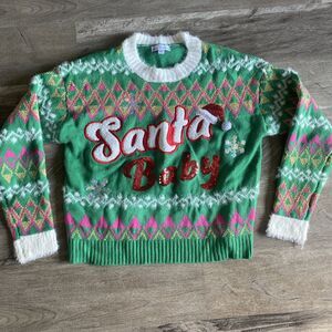 Jolly Sweaters Medium Green Christmas Sweater Santa Baby